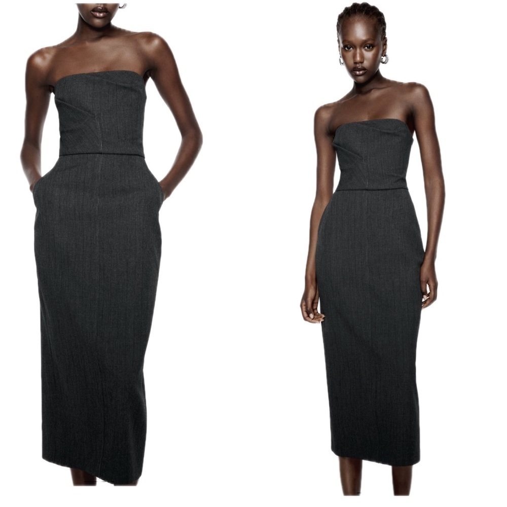 Zara gray strapless midi pencil dress pockets slit Sz S NWT
